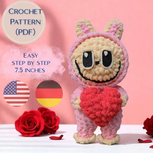Labubu Crochet Pattern | Sweet Love Bunny Plush | Popmart Labubu Style | Heart Holding Amigurumi | Bunny Crochet DIY PDF
