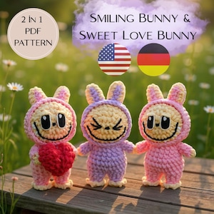 2-in-1 Labubu Crochet Pattern – Smiling Bunny & Love Bunny Plush – Labubu Style Amigurumi – PDF DIY Custom Labubu Doll