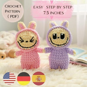 Labubu Crochet Pattern – Smiling Bunny Amigurumi – Custom Labubu Plush – Bunny Crochet PDF (English,German,Spanish) – DIY Doll Pattern