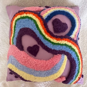 Handmade LGBT-Themed Punch Needle Pillow – Rainbow Love & Embracing Souls – A Warm Touch of Love
