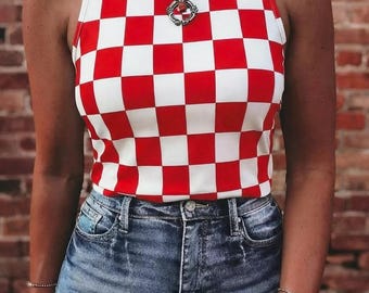 Tanktop met geruite print dames | Mouwloos T-shirt met ronde hals Zomer casual