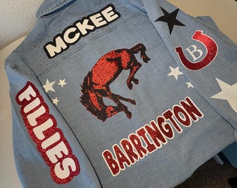 School Mascot Denim Shacket- Senior year jacket Senior photo prop senior gift