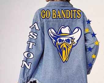 Custom Bandits Jacket Rhinestone & Glitter Team Jacket Game Day Denim Football Mom Jacket wrestling Mom Coat Team Mom Gift Idea Aston