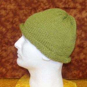 May include: A green knitted beanie with a folded brim. The beanie is on a white mannequin head.