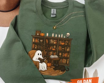 Retro Ghost Reading Sweatshirt, Halloween Librarian Teacher Gift