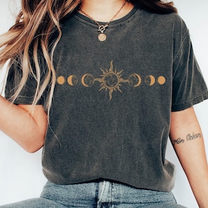 Celestial Comfort Colors® Shirt, Moon Phase T-shirt, Boho Mystical Moon And Sun Tee, Spiritual Moon Women Clothing Gifts, Boho Moon Outfit