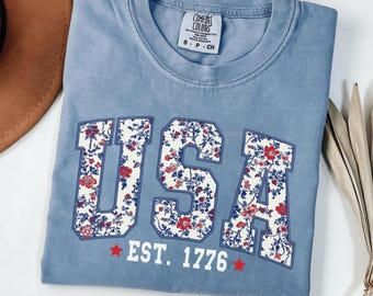 Comfort Colors© Floral USA Shirt, America Shirt, Fourth of July Shirt, 4th of July Tee, Patriotic Women Shirt,