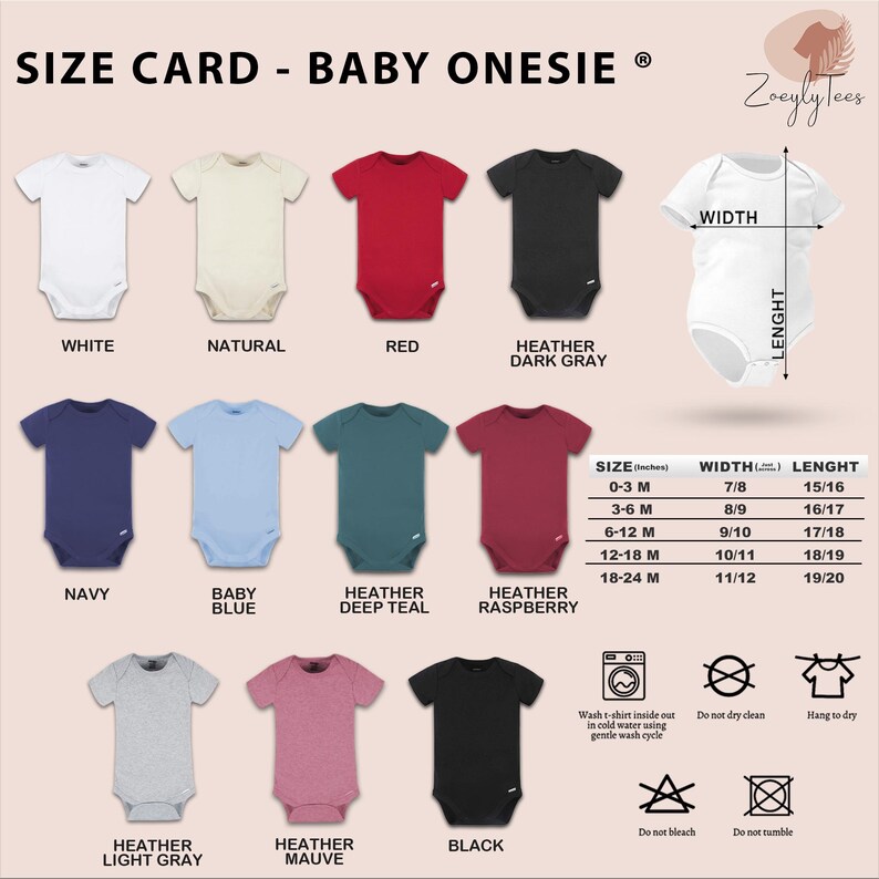 a baby onesie size chart with different colors and sizes
