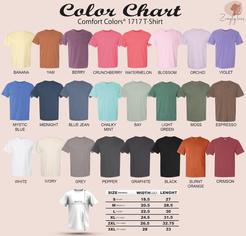 a color chart for a 1717-T-shirt, showing various comfort colors in a grid format.