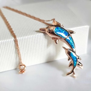 Blue Opal Dolphin Necklace, Rhodium Plated Pendant