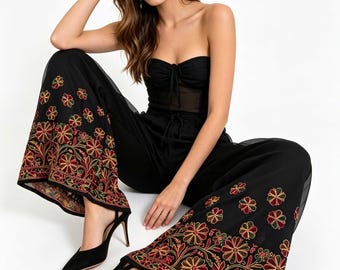 Black georgette Wide leg Trousers/Pants with Multi-Colour Floral Embroidery