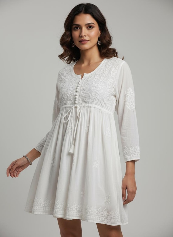Handmade Lucknowi Chikankari Modal Kurti Top: Floral Frock Style
