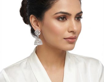 Handmade Rhodium Plated AD Jhumka Earrings – Silver White American Diamond