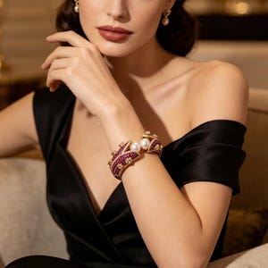 May include: A gold cuff bracelet featuring two large white pearls at the center, flanked by curved sections encrusted with small red stones and tiny clear accents. The bracelet has a structured, open design with a polished metallic finish.