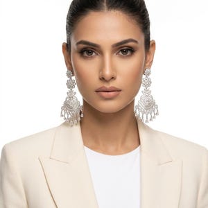 Luxury Silver American Diamond Chandelier Earrings