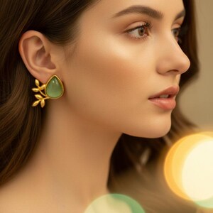 Gold Leaf Stud Earrings with Mona Lisa Stones | Artisan Brass, UK Dispatch