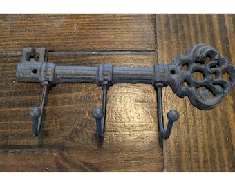 Cast Iron Skeleton KEY Holder Wall Mounted 3 Hook 9" Decorative Vintage Inspired