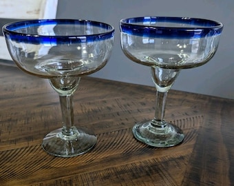 Cobalt Blue Rim Mexican Hand Blown Margarita Glasses Fiesta Cocktails Pair