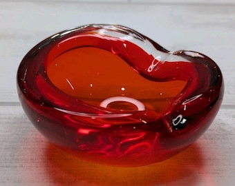 Vintage Murano Style Sommerso Art Glass Ashtray Bowl Mid Century Red Orange