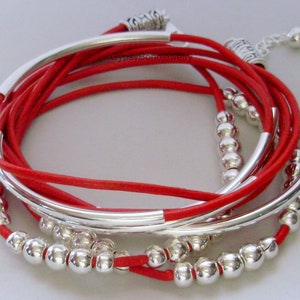 Boho LEATHER Bracelet / Leather Wrap Bracelet / SILVER Tube Bracelet / Triple Wrap Bracelets / Beaded Bracelets / ADJUSTABLE Bracelets 011 image 1
