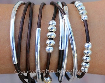 LEATHER Wrap Bracelet / SILVER Tube Bracelet / Triple Wrap Bracelets / ADJUSTABLE Boho Leather Bracelets /  Boho Wrap Beaded Bracelets 011