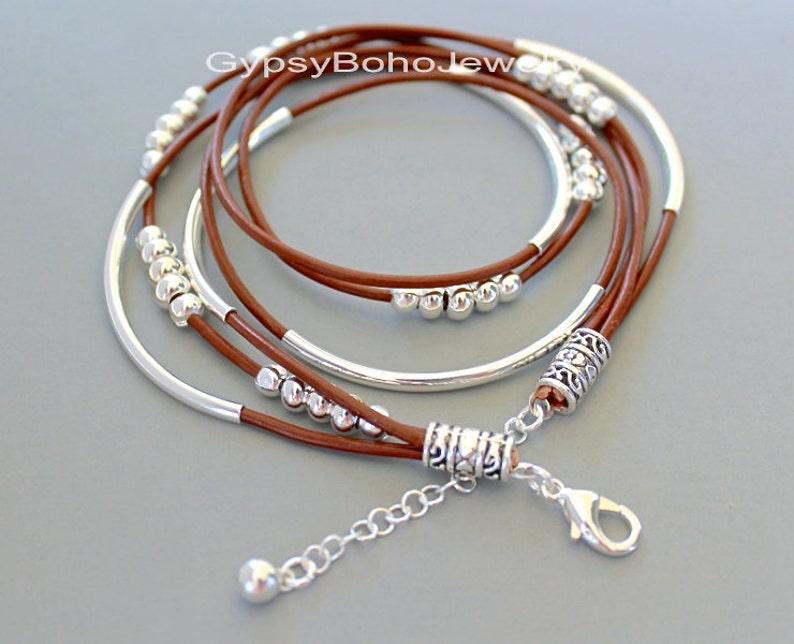 LEATHER Bracelet / SILVER Tube Bracelet / Leather Wrap Bracelets / Boho Wrap Beaded Bracelets / ADJUSTABLE Stacking Leather Bracelets 011 image 1