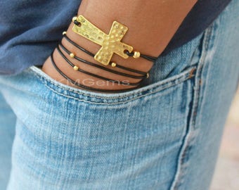 Custom GOLD Cross Boho Leather Wrap Bracelet - Sideways Hammered Textured Cross Triple Gypsy Wrap Beaded Bracelet - Pick COLOR / SIZE # 128