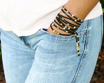 BOHO Multi Wrap Bracelet / Lariat / Anklet - Tibetan Style Metal Silver / Gold Beaded Gypsy Cord Wrap - Pick COLOR / LENGTH - Usa - 111