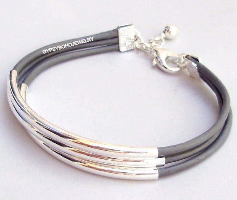 Pick SIZE COLOR SILVER Tube Leather Bangle Bracelet 3 Strands of Leather Cords w Long Silver Tubes 025 Boho Leather Cuff Bracelet