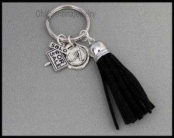 Realestate Key Ring For Sale STAINLESS Steel TASSEL Keyring - Silver Faux Suede Long Tassel Keychain w/ Optional Initial Birthstone Usa