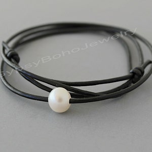 Custom Pearl Leather / Necklace CHOKER / Wrap Bracelet Sliding Knot Floating Large White Freshwater Pearl Leather Choker PICK Color 010 image 2