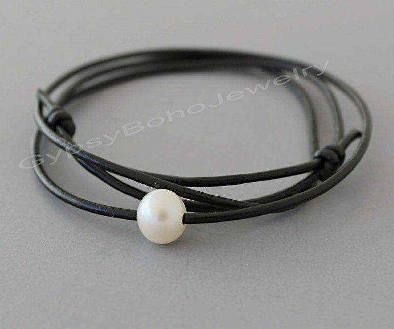 Custom Pearl Leather / Necklace CHOKER / Wrap Bracelet Sliding Knot Floating Large White Freshwater Pearl Leather Choker PICK Color 010 image 2