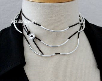 LEATHER Bracelet - Single Cord Cascading & Expandable Adjustable Beaded Tube Multi Wrap Real Leather Boho Bangle Bracelet Anklet Necklace
