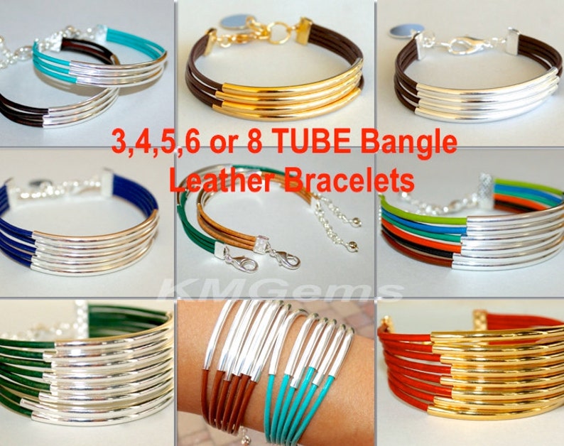 Pick SIZE COLOR SILVER Tube Leather Bangle Bracelet 3 Strands of Leather Cords w Long Silver Tubes 025 Boho Leather Cuff Bracelet