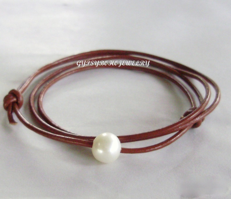 Custom Pearl Leather / Necklace CHOKER / Wrap Bracelet Sliding Knot Floating Large White Freshwater Pearl Leather Choker PICK Color 010 image 3