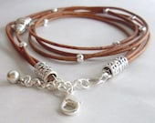 BOHO Leather Wrap Bracelet - Adjustable Distressed Natural Leather Triple Wrap Bracelet w/ Silver Tibetan Style accents - Custom USA  - 89