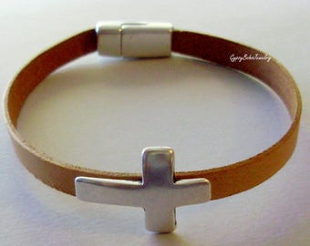 Leather Bracelet/ FLAT Leather CROSS Bracelet / Genuine  NATURAL Indian Leather  W/ Silver Magnetic Clasp   Usa