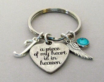Memorial -A Piece Of My Heart Silver Charm KEY RING W/ Birthstone / INITIAL / Wing Personalize Mom Dad Aunt Child - Gifts