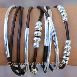 Wrap Bracelet / SILVER Tube Bracelet / Triple LEATHER Wrap Bracelets / Boho Wrap Beaded Bracelets / ADJUSTABLE Boho Leather Bracelets 011 image 1