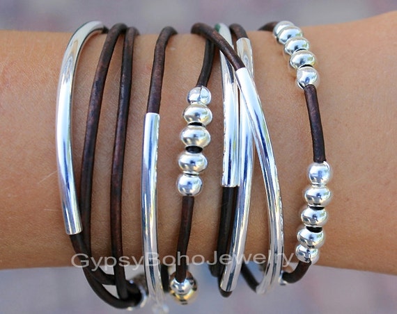 Custom Leather Boho Wrap Bracelet Silver Tube Beaded | Etsy