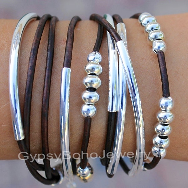 Wrap Bracelet / SILVER Tube Bracelet / Triple LEATHER Wrap Bracelets / Boho Wrap Beaded Bracelets / ADJUSTABLE Boho Leather Bracelets 011