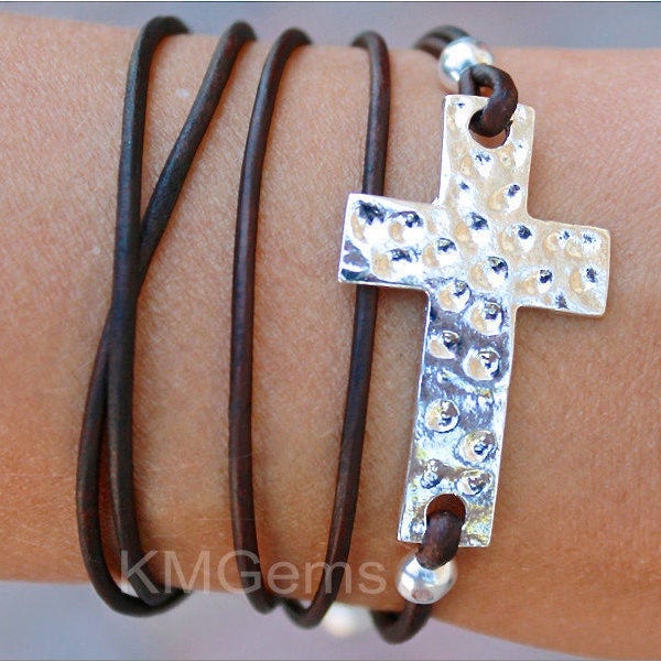 Custom SILVER Cross Boho Leather Wrap Bracelet - Sideways Hammered Textured Cross Triple Gypsy Wrap Beaded Bracelet - Pick COLOR / SIZE  128