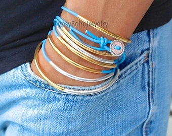 Pulsera de CUERO - Cordón único en cascada y tubo de cuentas ajustable expandible Multi Wrap Real Leather Boho Brazalete Pulsera Tobillera Collar