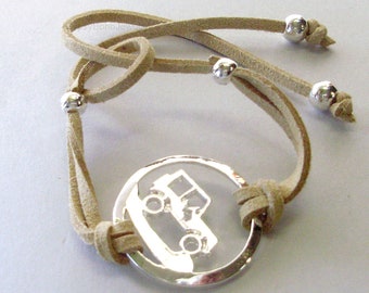 SILVER Off Road Vehicle Bracelet, Faux Suede Leather Cord Jewelry , Girl,  Gift, Outdoor Jewelry, Unisex  USA