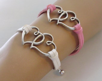 Friendship Tibetan Silver Double Heart  Charm Bracelet - Faux  Leather Suede Cord Jewelry - Boho   Bracelet- Gift  For Her- USA sc