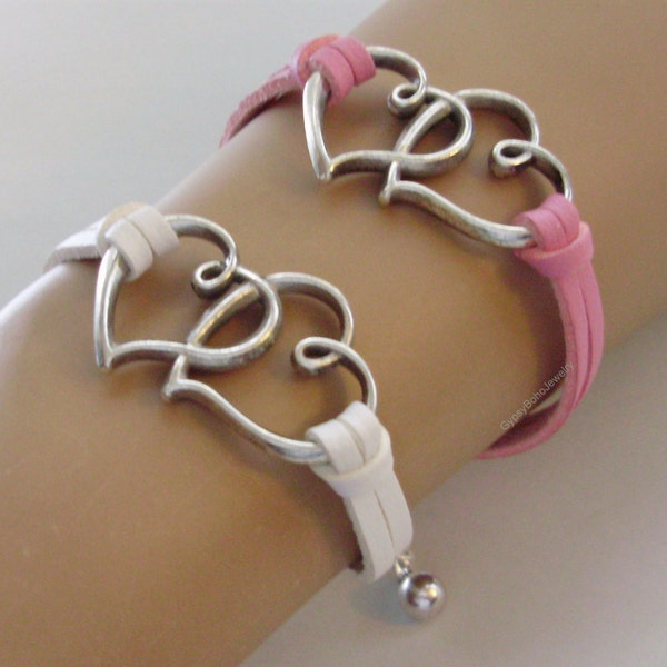 Friendship Tibetan Silver Double Heart  Charm Bracelet - Faux  Leather Suede Cord Jewelry - Boho   Bracelet- Gift  For Her- USA sc