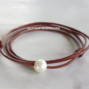 Custom Pearl Leather / Necklace CHOKER / Wrap Bracelet Sliding Knot Floating Large White Freshwater Pearl Leather Choker PICK Color 010 image 1