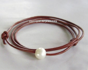 Custom Pearl Leather / Necklace CHOKER / Wrap Bracelet  Sliding Knot  Floating Large White Freshwater Pearl Leather Choker - PICK Color  010