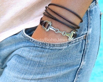 HORSE Bit Bracelet - Snaffle Bit Bracelet - LEATHER Wrap Bracelet with Horse Charm - ADJUSTABLE Silver Bracelet - Equestrian Jewelry Gift