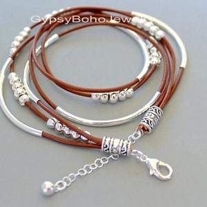 Boho LEATHER Bracelet / Leather Wrap Bracelet / SILVER Tube Bracelet / Triple Wrap Bracelets / Beaded Bracelets / ADJUSTABLE Bracelets 011 image 2